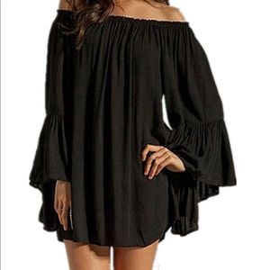 Off Shoulder Black Chiffon Boho Bell Sleeve Dress